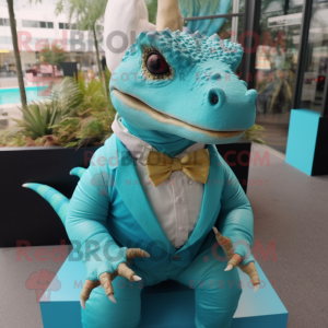 Turquoise Komodo Dragon mascot costume character dressed with a Blouse and Bow ties