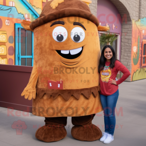 Brown Enchiladas mascot costume character dressed with a Mom Jeans and Hair clips