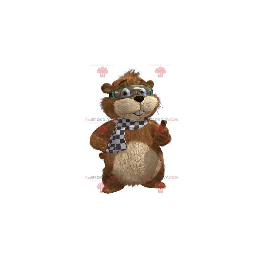 Mascote de marmota marrom e bege com máscara - Redbrokoly.com