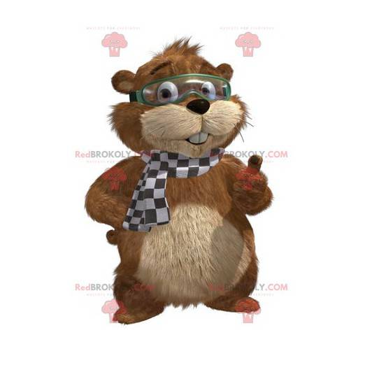 Mascotte marmotta marrone e beige con una maschera -