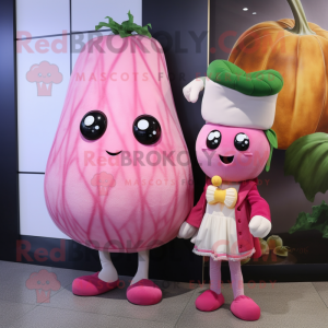 Pink Radish mascot costume character dressed with a Ball Gown and Messenger bags