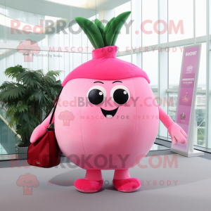 Pink Radish mascot costume character dressed with a Ball Gown and Messenger bags