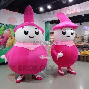 Pink Radish mascot costume character dressed with a Ball Gown and Messenger bags