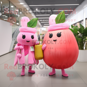 Pink Radish mascot costume character dressed with a Ball Gown and Messenger bags