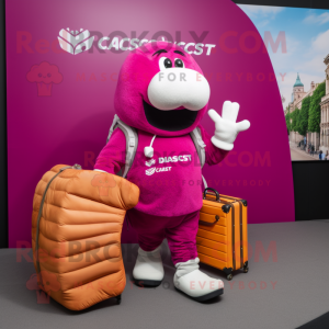 Magenta Croissant mascot costume character dressed with a Cargo Shorts and Wallets