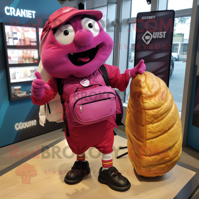 Magenta Croissant mascot costume character dressed with a Cargo Shorts and Wallets