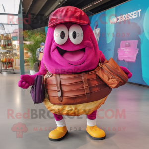 Magenta Croissant mascot costume character dressed with a Cargo Shorts and Wallets