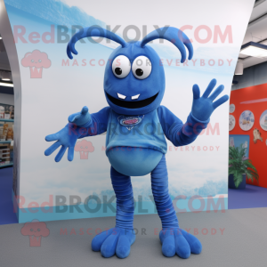 Blue Lobster mascot costume character dressed with a Jeans and Hair clips