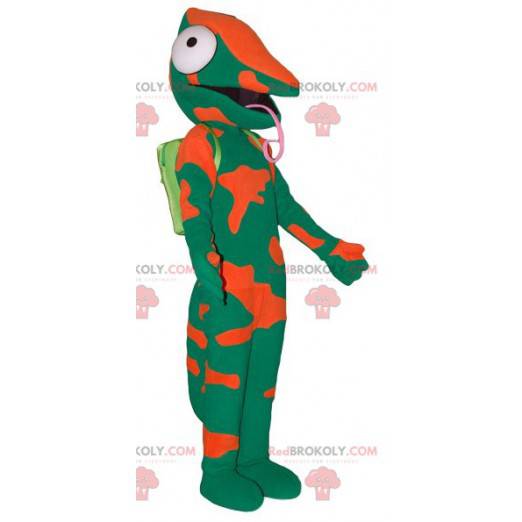 Mascote camaleão verde e laranja com uma língua grande -