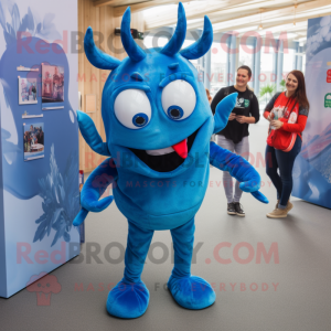 Blue Lobster mascot costume character dressed with a Jeans and Hair clips