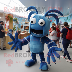 Blue Lobster mascot costume character dressed with a Jeans and Hair clips
