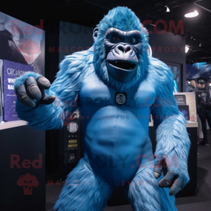 Blue Gorilla mascot costume character dressed with a Bodysuit and Lapel pins