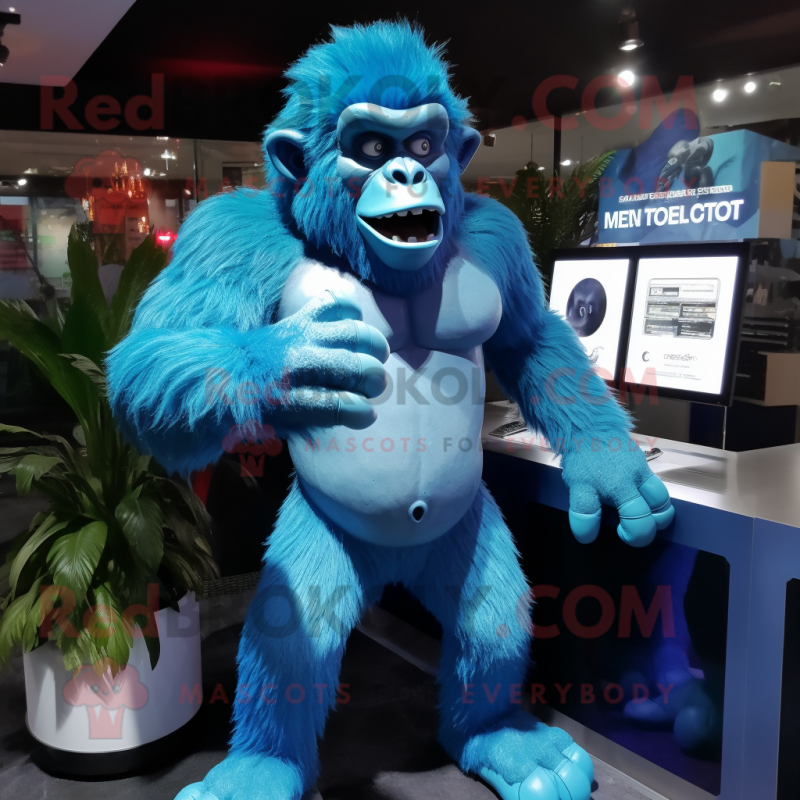 Blue Gorilla mascot costume character dressed with a Bodysuit and Lapel pins