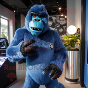 Blue Gorilla mascot costume character dressed with a Bodysuit and Lapel pins