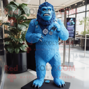 Blue Gorilla mascot costume character dressed with a Bodysuit and Lapel pins