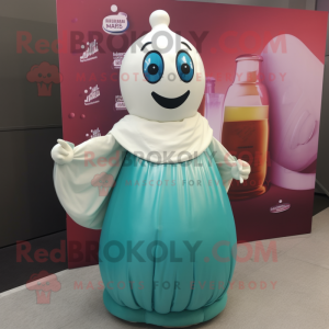 Teal Bottle Of Milk mascot costume character dressed with a Ball Gown and Shawl pins