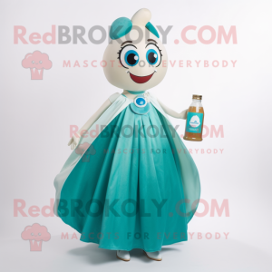 Teal Bottle Of Milk mascot costume character dressed with a Ball Gown and Shawl pins