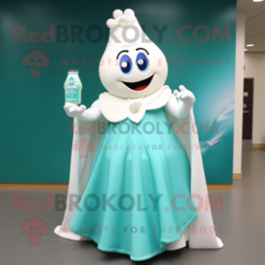 Teal Bottle Of Milk mascot costume character dressed with a Ball Gown and Shawl pins