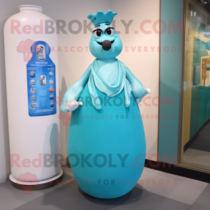 Teal Bottle Of Milk mascot costume character dressed with a Ball Gown and Shawl pins