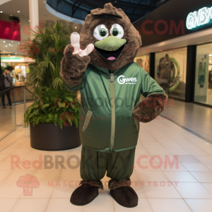 Olive Guinness mascot costume character dressed with a Windbreaker and Gloves