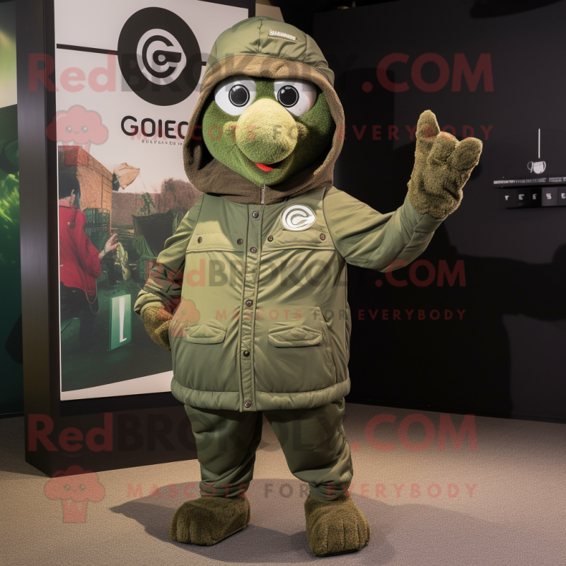 Olive Guinness mascot costume character dressed with a Windbreaker and Gloves Olive Guinness mascot costume character dressed with a Windbreaker and Gloves