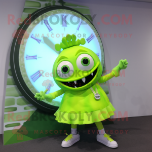 Lime Green Cod mascot costume character dressed with a Circle Skirt and Digital watches