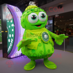 Lime Green Cod mascot costume character dressed with a Circle Skirt and Digital watches