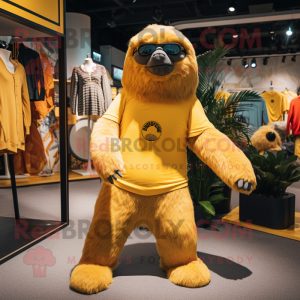 Yellow Giant Sloth mascot costume character dressed with a Henley Tee and Ties