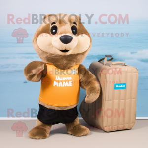 Tan Marmot mascot costume character dressed with a One-Piece Swimsuit and Wallets