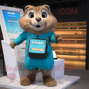 Tan Marmot mascot costume character dressed with a One-Piece Swimsuit and Wallets