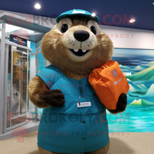 Tan Marmot mascot costume character dressed with a One-Piece Swimsuit and Wallets