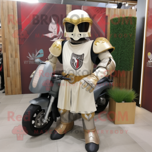 Cream Medieval Knight mascot costume character dressed with a Moto Jacket and Eyeglasses