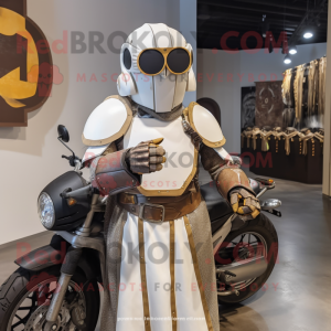 Cream Medieval Knight mascot costume character dressed with a Moto Jacket and Eyeglasses