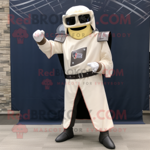 Cream Medieval Knight mascot costume character dressed with a Moto Jacket and Eyeglasses