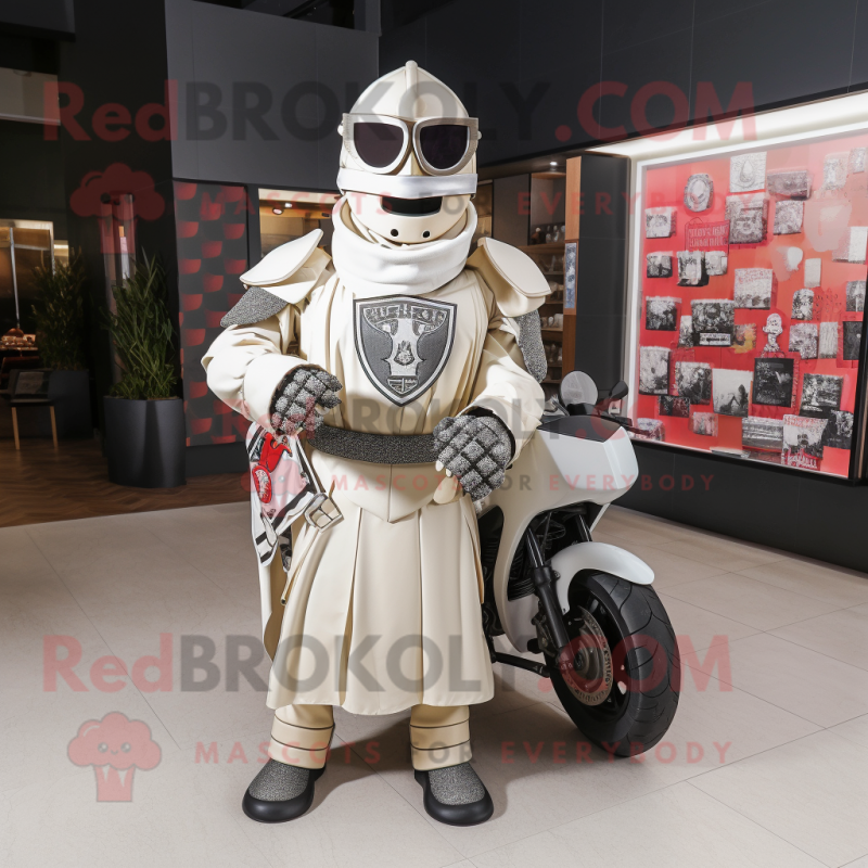 Cream Medieval Knight mascot costume character dressed with a Moto Jacket and Eyeglasses