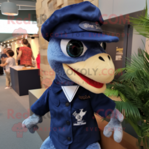 Navy Velociraptor mascot costume character dressed with a Blouse and Hair clips
