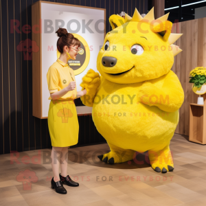 Lemon Yellow Wild Boar mascot costume character dressed with a Culottes and Watches