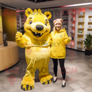 Lemon Yellow Wild Boar mascot costume character dressed with a Culottes and Watches