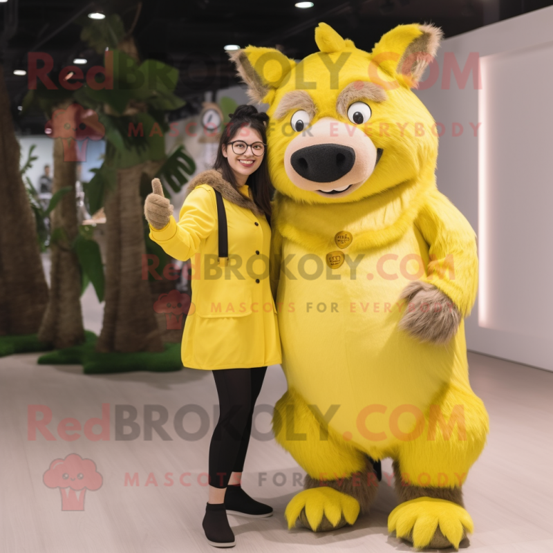 Lemon Yellow Wild Boar mascot costume character dressed with a Culottes and Watches Lemon Yellow Wild Boar mascot costume character dressed with a Culottes and Watches