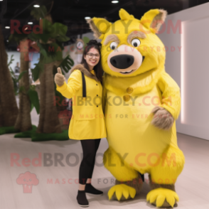 Lemon Yellow Wild Boar mascot costume character dressed with a Culottes and Watches