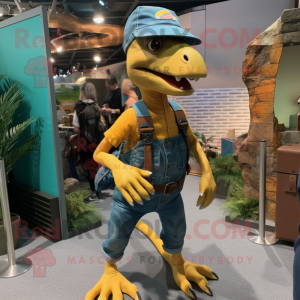 nan Coelophysis mascot costume character dressed with a Overalls and Backpacks