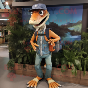 nan Coelophysis mascot costume character dressed with a Overalls and Backpacks