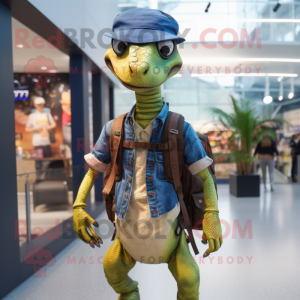 nan Coelophysis mascot costume character dressed with a Overalls and Backpacks