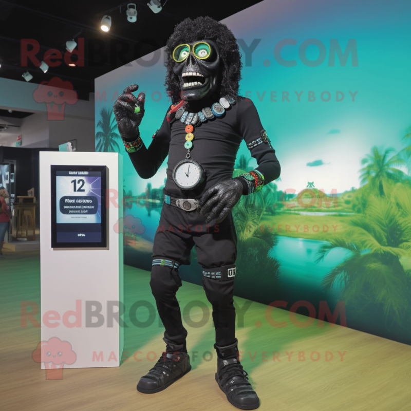 Black Zombie mascot costume character dressed with a Rash Guard and Digital watches