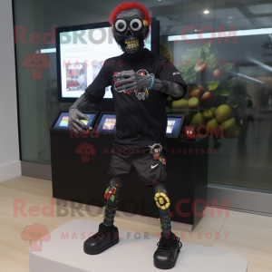 Black Zombie mascot costume character dressed with a Rash Guard and Digital watches