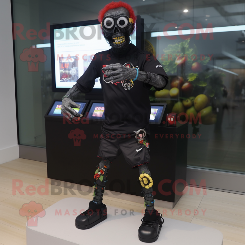Black Zombie mascot costume character dressed with a Rash Guard and Digital watches Black Zombie mascot costume character dressed with a Rash Guard and Digital watches