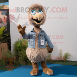 Brown Ostrich mascot costume character dressed with a Jeans and Hair clips