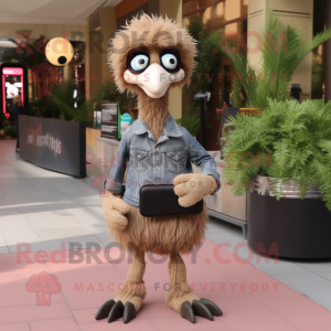 Brown Ostrich mascot costume character dressed with a Jeans and Hair clips