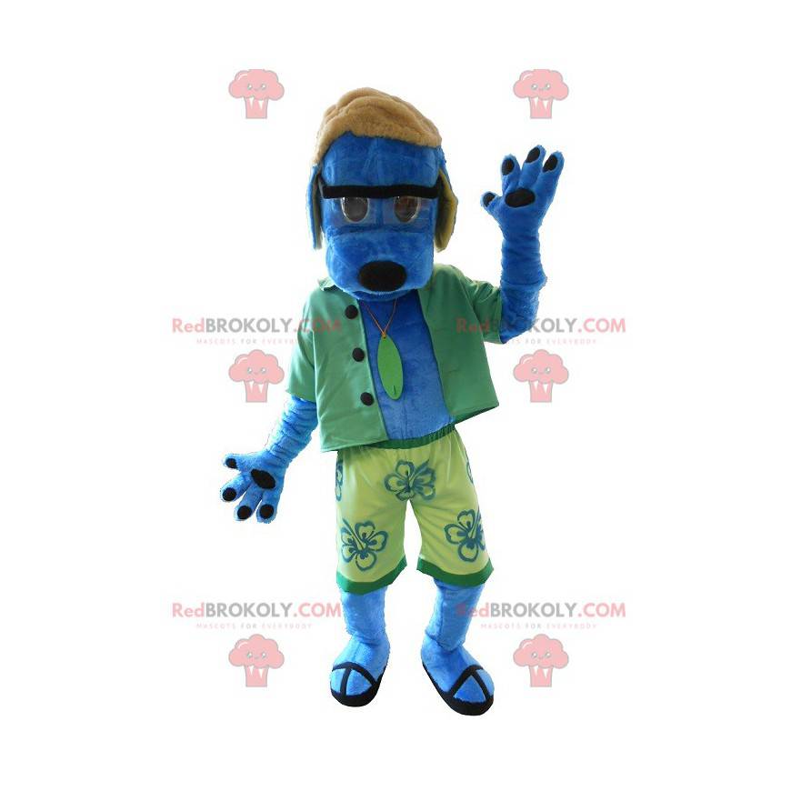 Maskot modrý pes oblečený jako rekreant. Letní maskot -