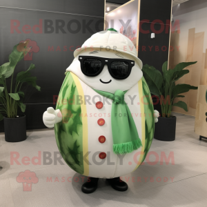 White Watermelon mascot costume character dressed with a Coat and Sunglasses